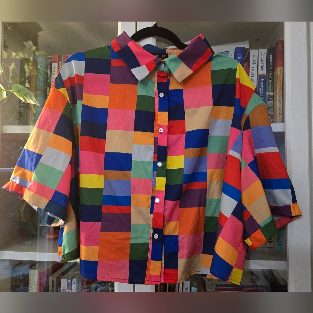 Colourful Checkered/Plaid Button-Up Short Sleeve Shirt with Collar - Picture 6 of 11